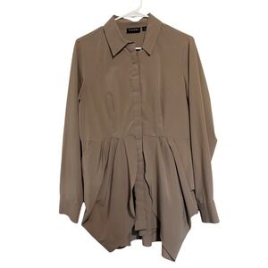 Bradley Bayou Taupe Pleated Waist Tunic Button Up Shirt Long Sleeve Pockets S